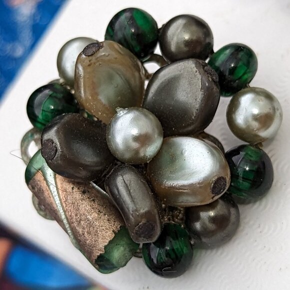 Vintage Cluster Beaded CLIP-ON Earrigns Glass Art Antique Beads Silvery Grey mix - Picture 9 of 11